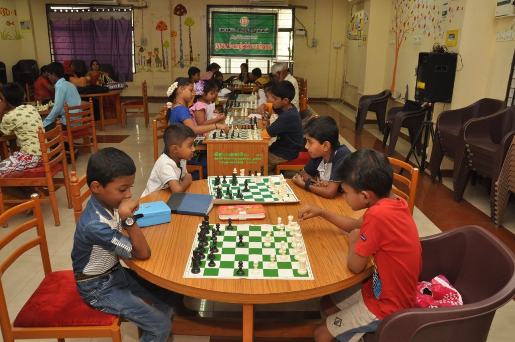 Lot Children play chess in Trichy library Children Section